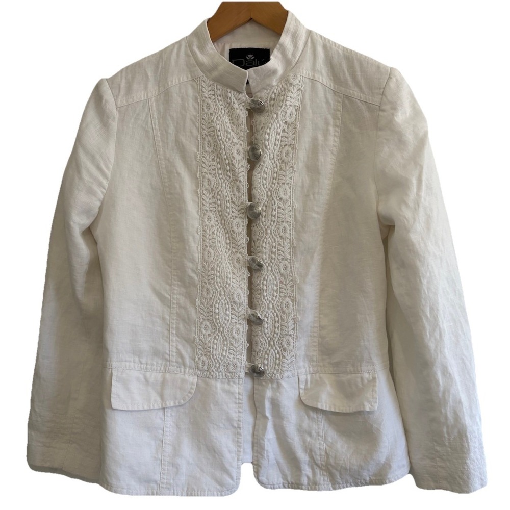 Dalu Privilege White Lace Linen Jacket 44 Mandarin Collar Edwardian Cottagecore